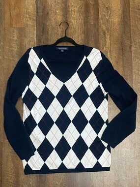 Tommy Hilfiger Women’s XL Navy/White Argyle Knit V-Neck Pullover Sweater